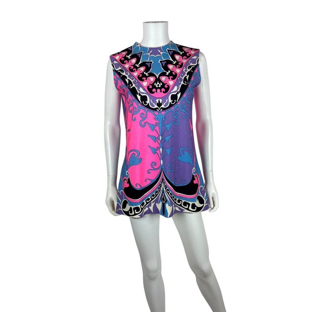 Vintage 70s Neon Pink Tunic Womens M Psychedelic Abstract Funky Print Sleeveless